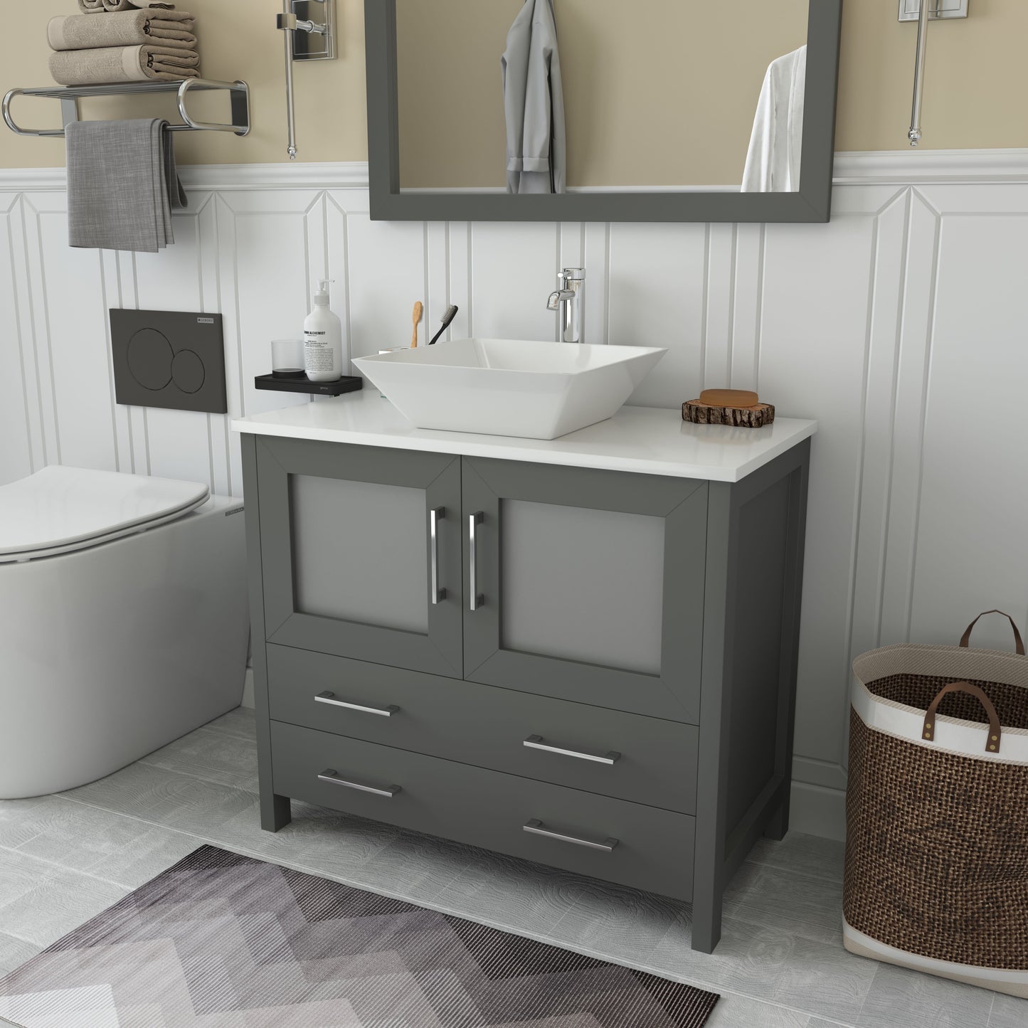 36 Inch Single Sink Bathroom Vanity in Gray with Marble Countertop - Vanity Art VA3136G