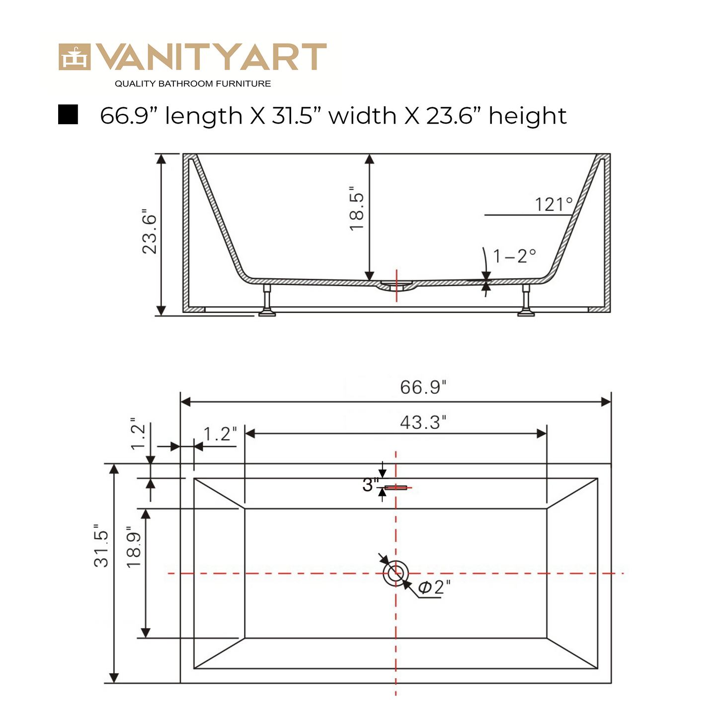 67 Inch Freestanding White Acrylic Bathtub with Overflow And Pop-Up Drain - Vanity Art VA6813B-L-PC