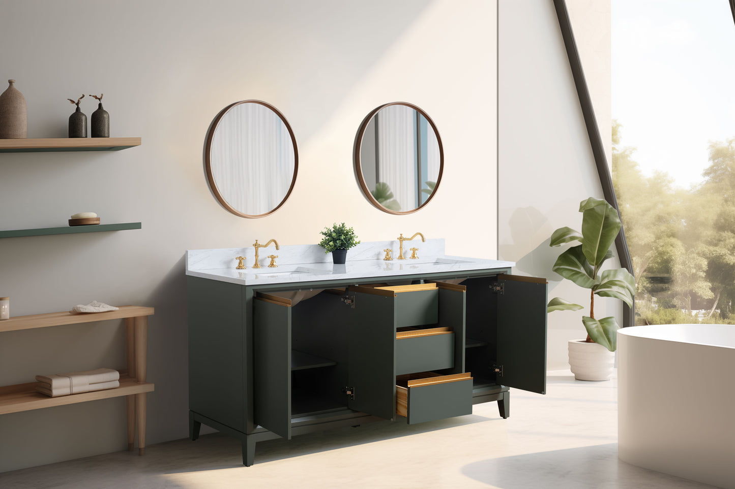 72 Inch Double Sink Bathroom Vanity in Vintage Green with Marble Countertop - Vanity Art VA8072-DVG