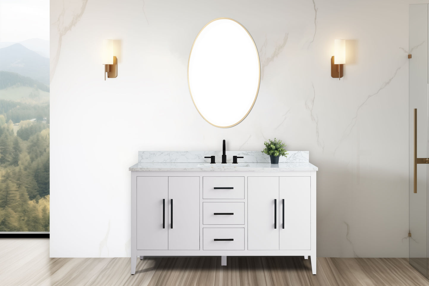 60 Inch Single Sink Bathroom Vanity in White with Marble Countertop - Vanity Art VA9060-SW