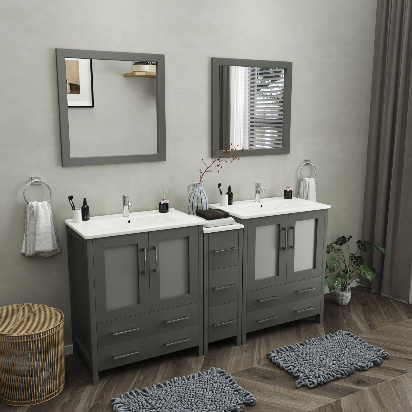 72 Inch Double Sink Bathroom Vanity in Gray with Ceramic Countertop - Vanity Art VA3030-72G