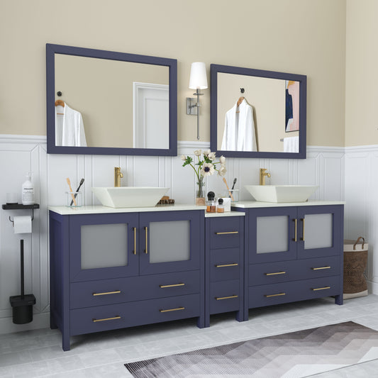 84 Inch Double Sink Bathroom Vanity in Blue with Marble Countertop - Vanity Art VA3136-84B