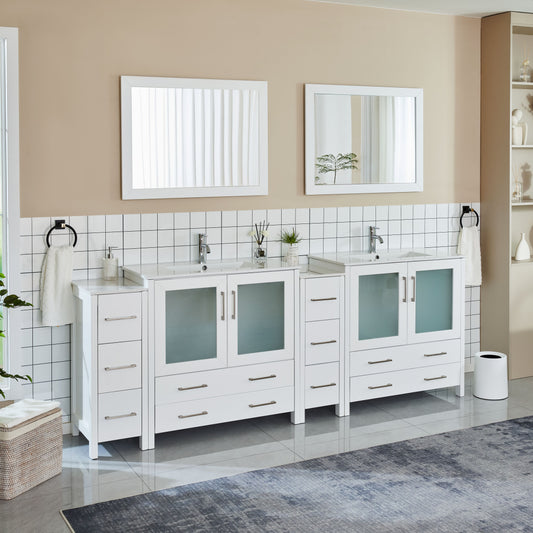 96 Inch Double Sink Bathroom Vanity in White with Ceramic Countertop - Vanity Art VA3036-96W