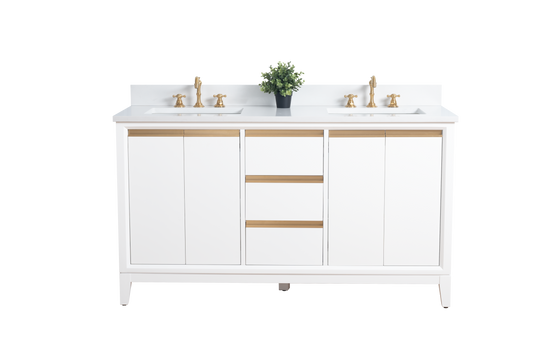 60 Inch Double Sink Bathroom Vanity in White with Marble Countertop - Vanity Art VA8060-DW