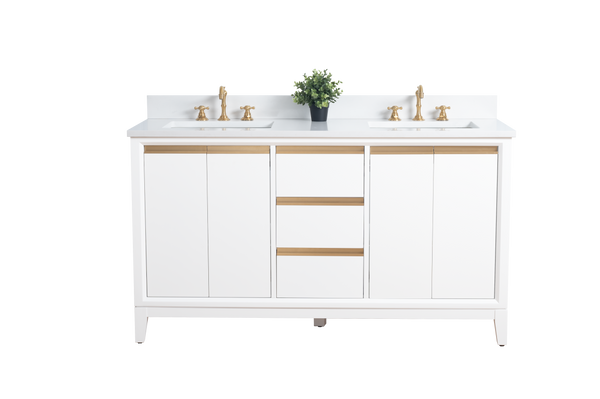 60 Inch Double Sink Bathroom Vanity in White with Marble Countertop - Vanity Art VA8060-DW