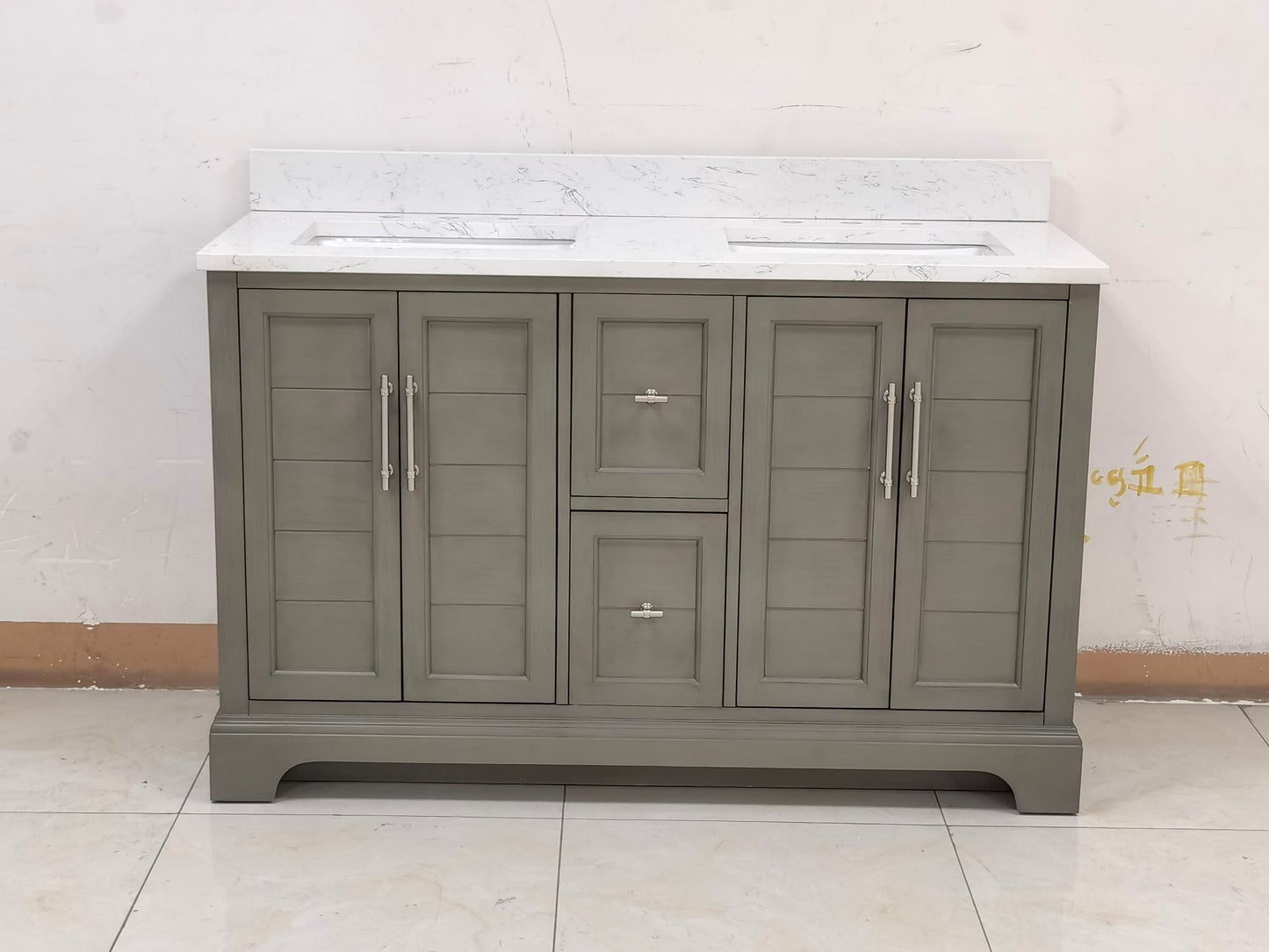 54 Inch Double Sink Bathroom Vanity in Gray with Marble Countertop & Backsplash - Vanity Art VA5054-SG