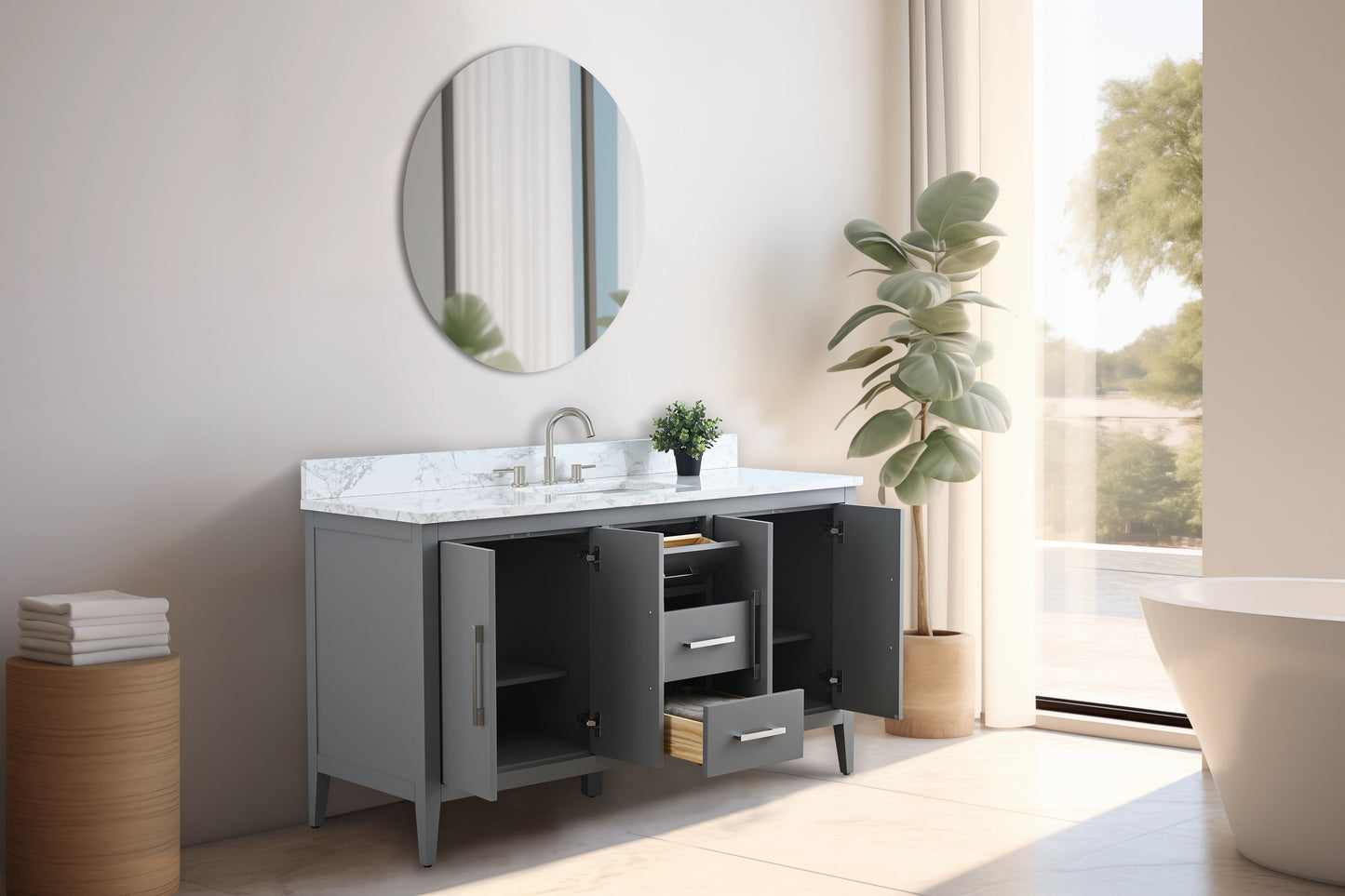 60 Inch Single Sink Bathroom Vanity in Cashmere Gray with Marble Countertop - Vanity Art VA9060-SG