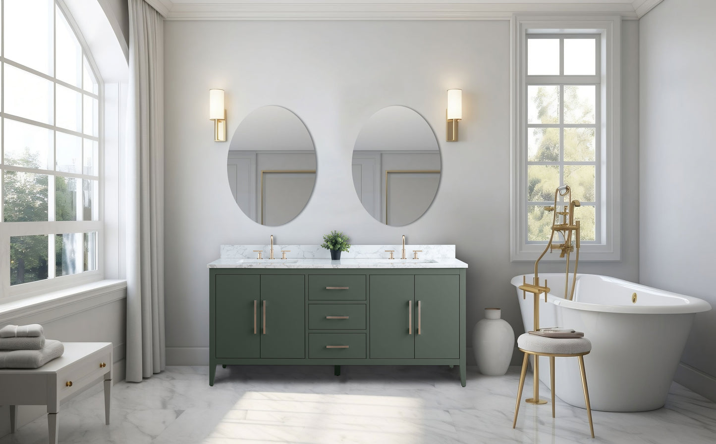 72 Inch Double Sink Bathroom Vanity in Vintage Green with Marble Countertop - Vanity Art VA9072-DVG