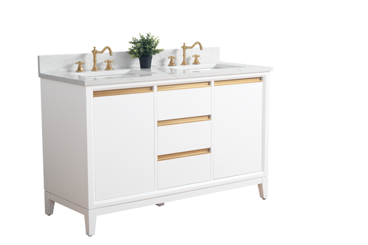 54 Inch Double Sink Bathroom Vanity in White with Marble Countertop - Vanity Art VA8054-DW