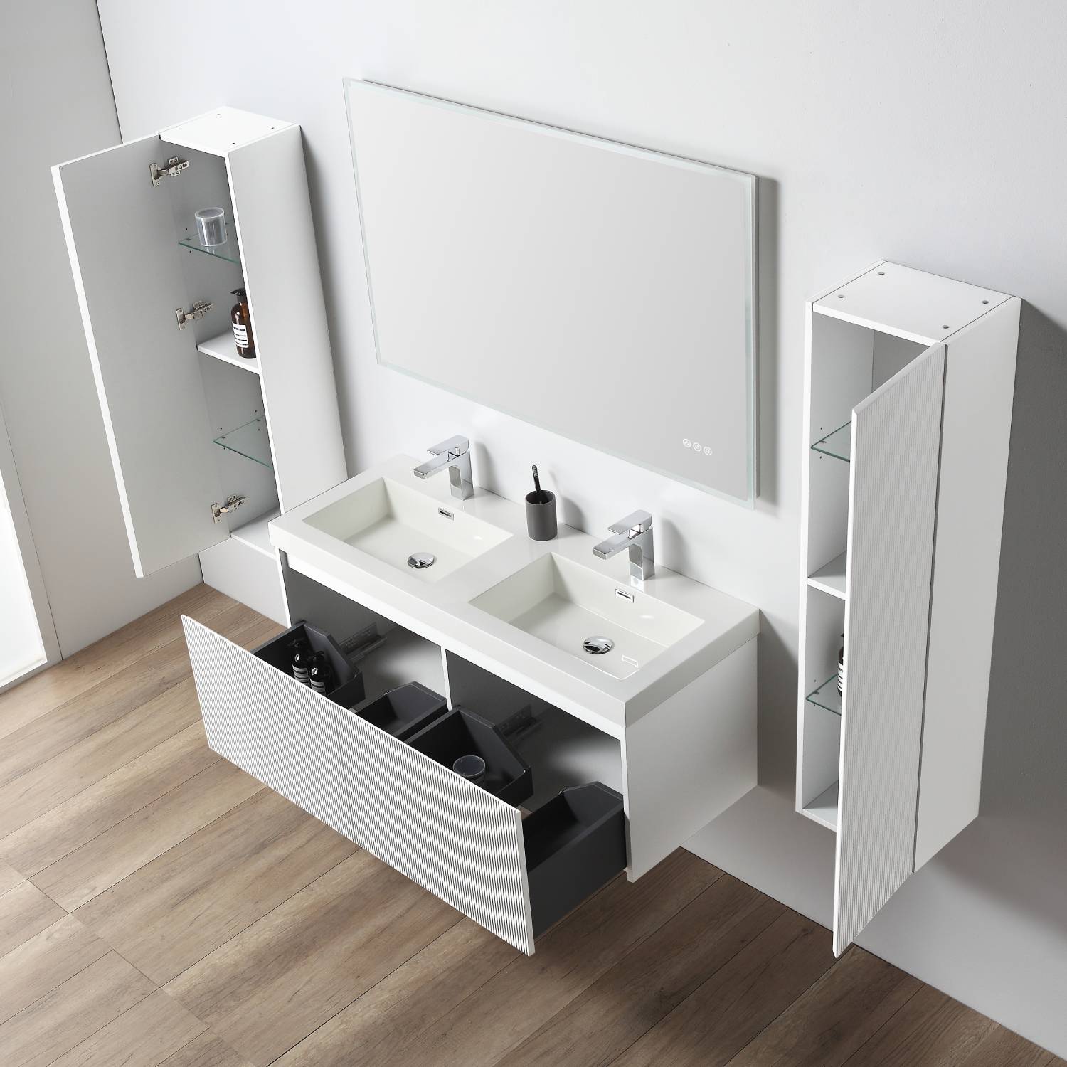 Blossom 028 48 01D A 2SC Blossom 48" Floating Bathroom Vanity with Double Sink & 2 Side Cabinets - Matte White 028 48 01D A 2SC