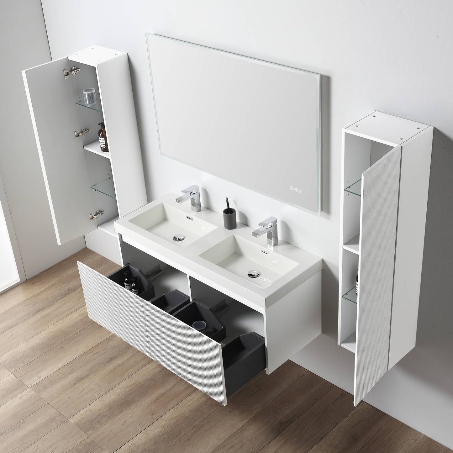 Blossom 028 48 01D A 2SC Blossom 48" Floating Bathroom Vanity with Double Sink & 2 Side Cabinets - Matte White 028 48 01D A 2SC