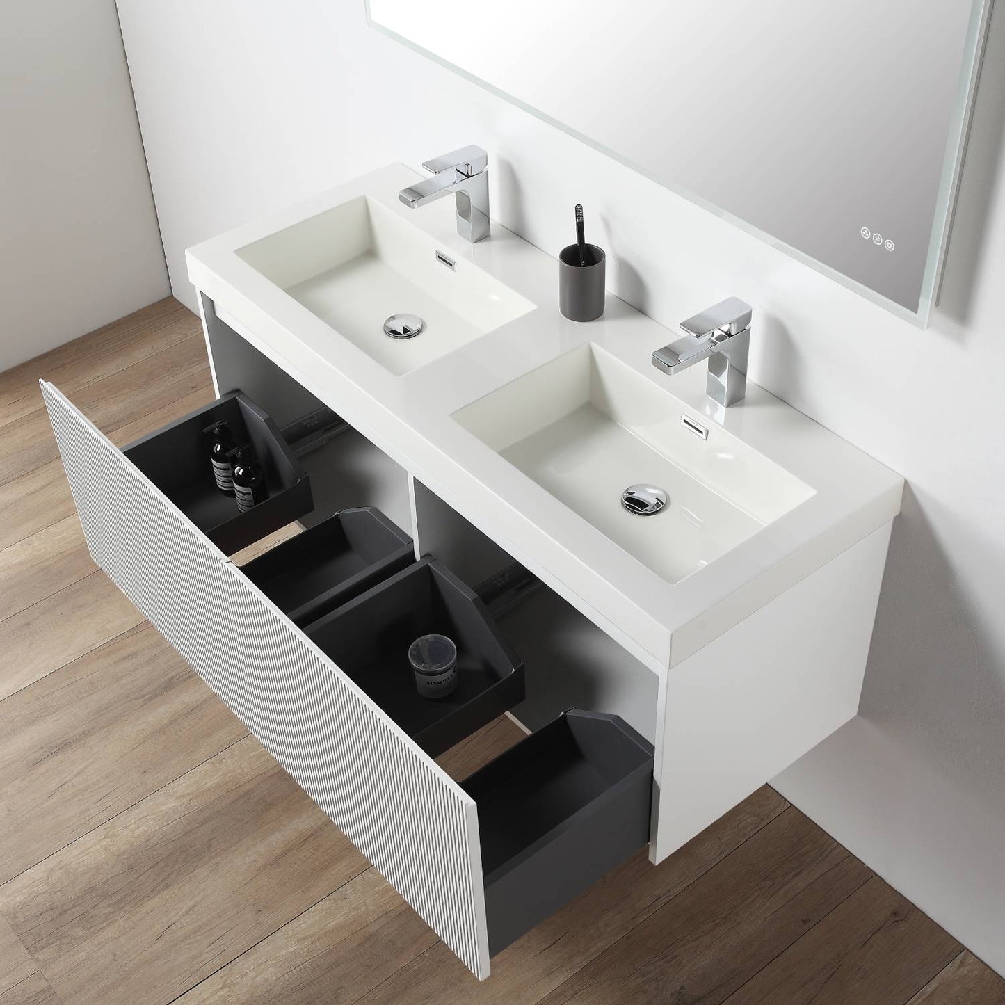 Blossom 028 48 01D A 2SC Blossom 48" Floating Bathroom Vanity with Double Sink & 2 Side Cabinets - Matte White 028 48 01D A 2SC