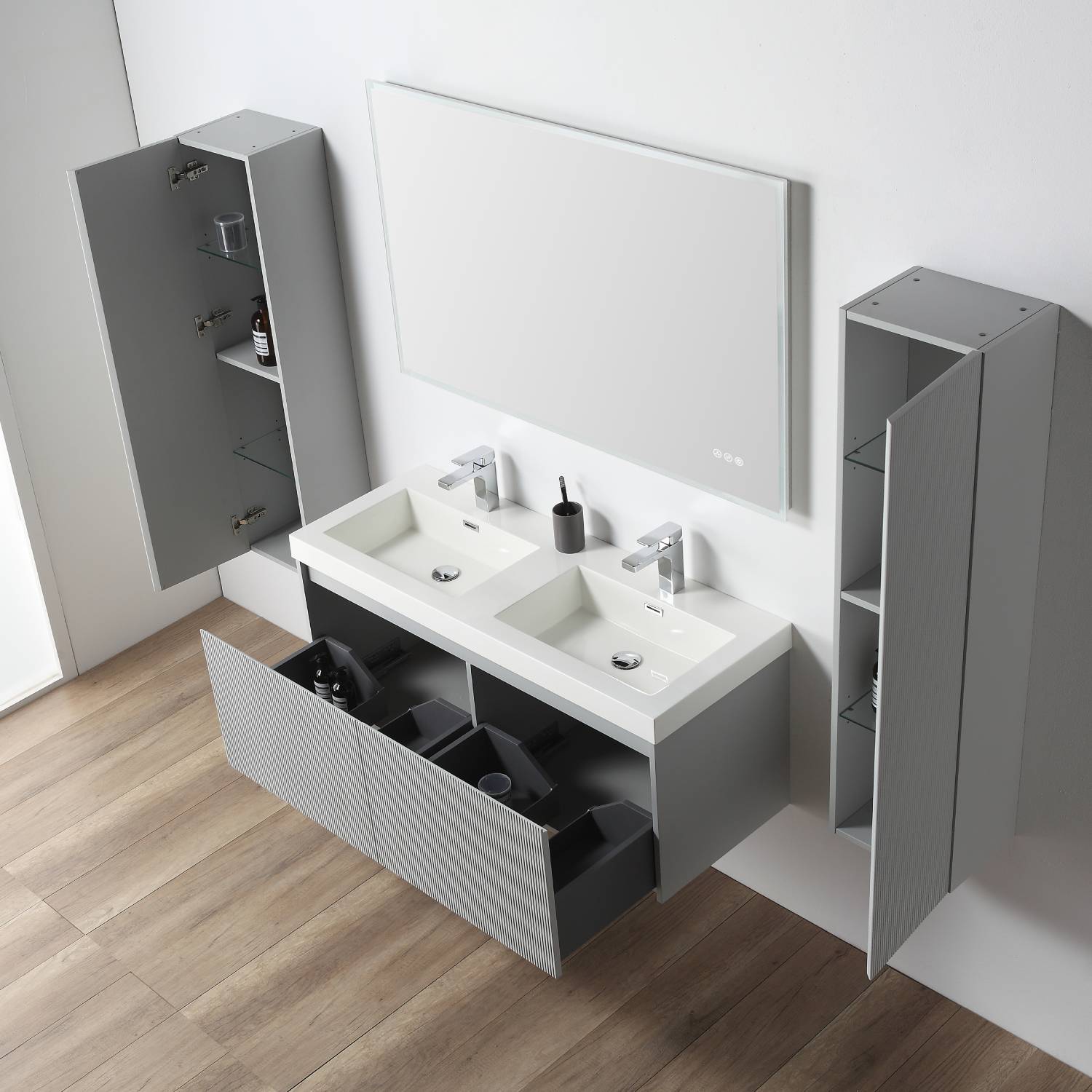 Blossom 028 48 15D A 2SC Blossom 48" Floating Bathroom Vanity with Double Sink & 2 Side Cabinets - Light Gray 028 48 15D A 2SC