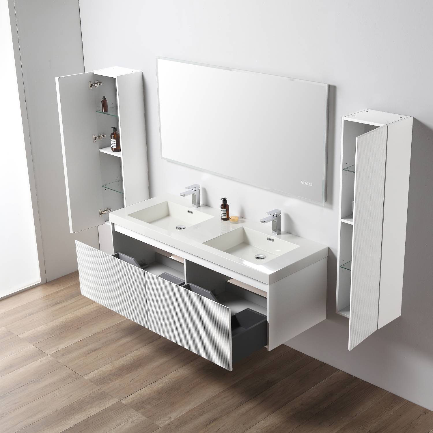 Blossom 028 60 01 A 2SC Blossom 60" Floating Bathroom Vanity with Sink & 2 Side Cabinets - Matte White 028 60 01 A 2SC