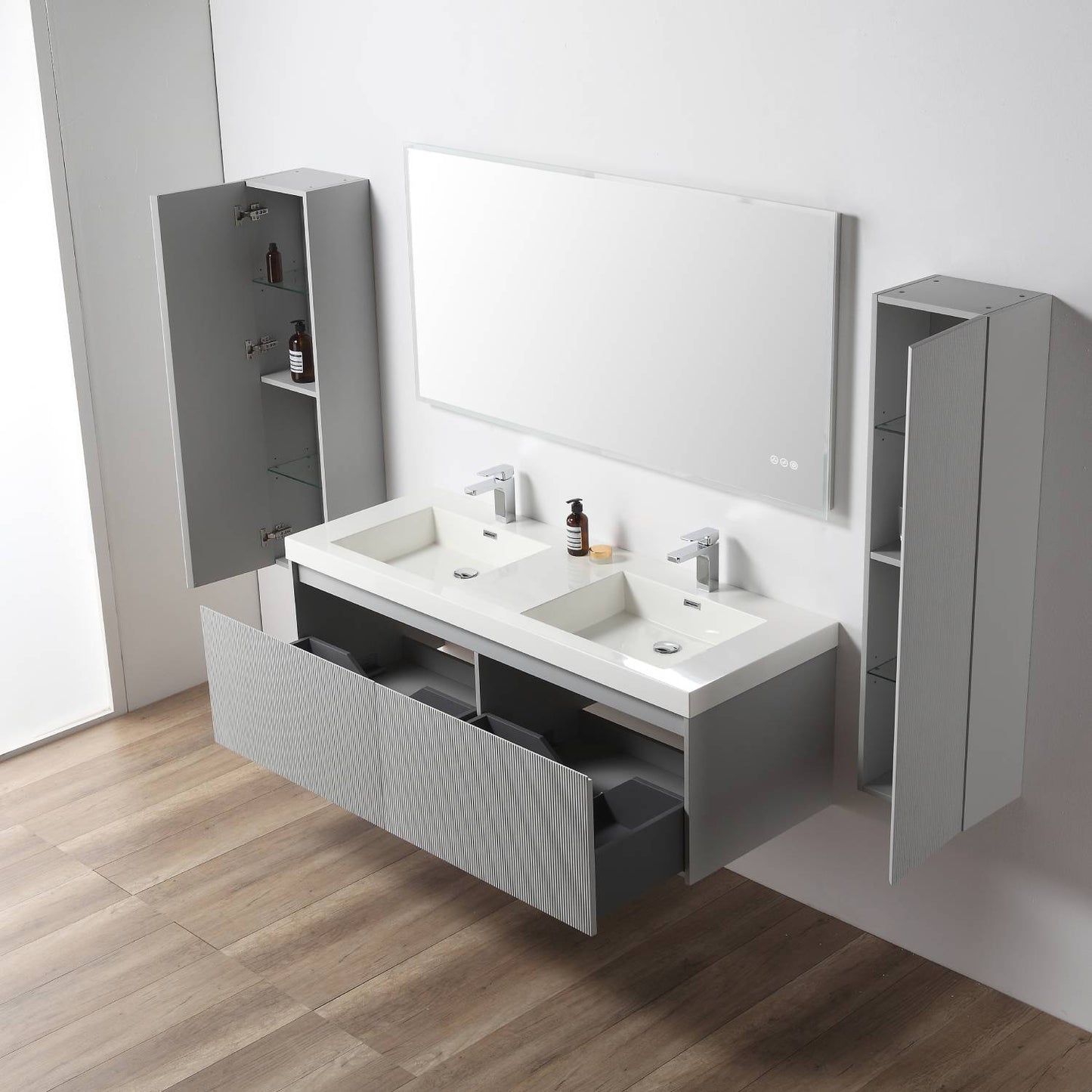 Blossom 028 60 15 A 2SC Blossom 60" Floating Bathroom Vanity with Sink & 2 Side Cabinets - Light Gray 028 60 15 A 2SC