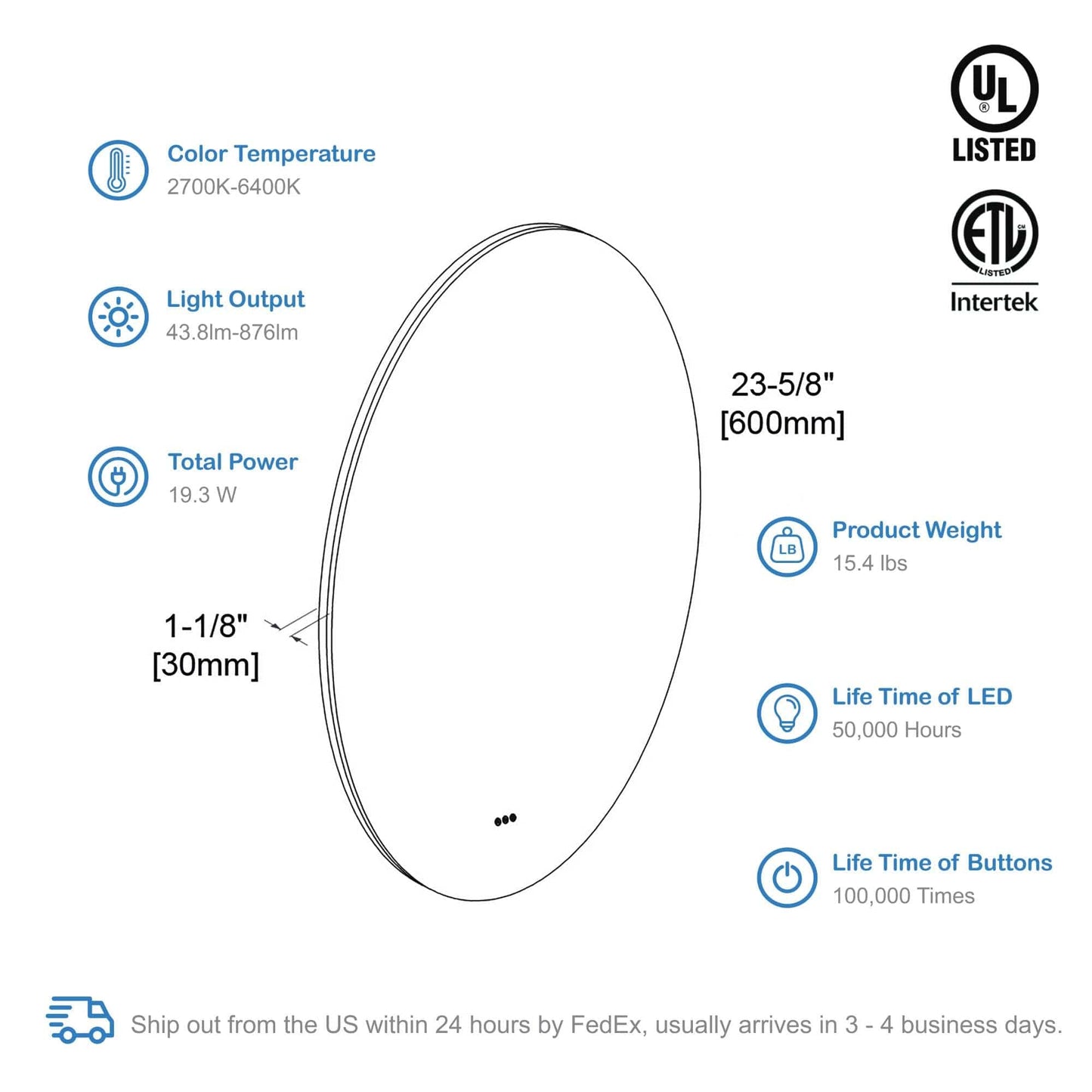 Blossom LED M3 R24 Blossom Orion - 24" Round LED Mirror Frosted Side LED M3 R24