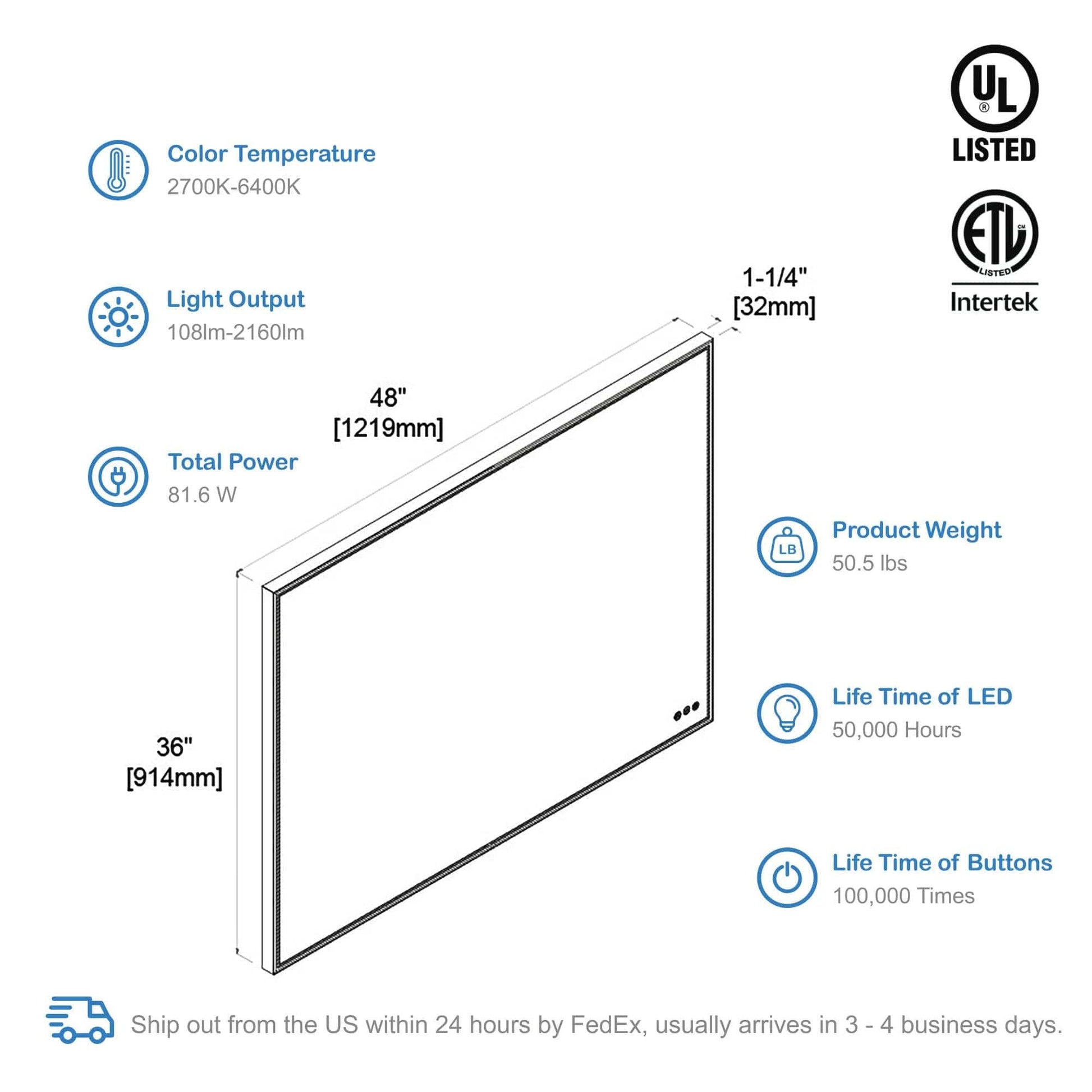 Blossom LED M4 4836 BG Blossom Stellar - 48" LED Mirror Brushed Gold Frame LED M4 4836 BG