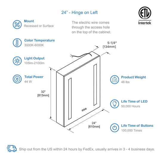 Blossom MCL1 2432L Blossom Pillar - 24" LED Medicine Cabinet Left MCL1 2432L