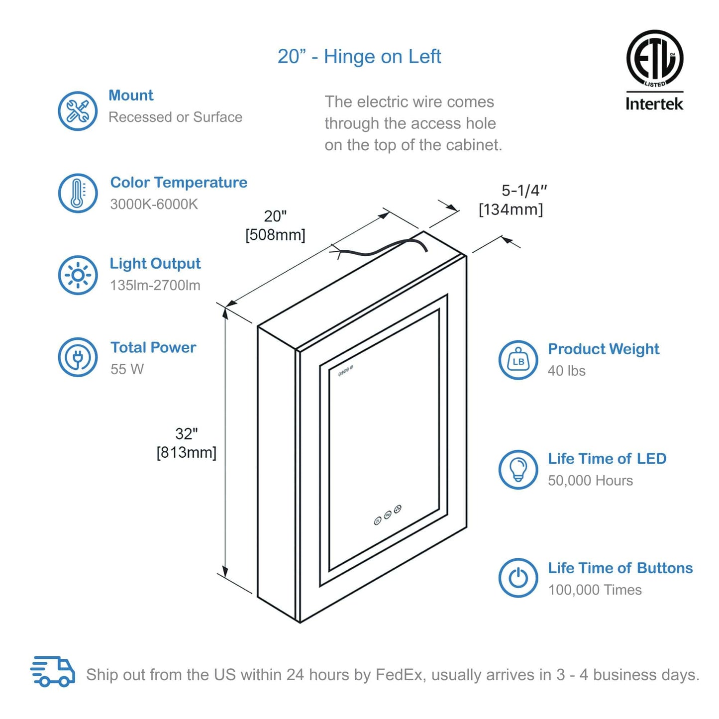 Blossom MCL2 2032L Blossom Asta - 20" LED Medicine Cabinet Left MCL2 2032L