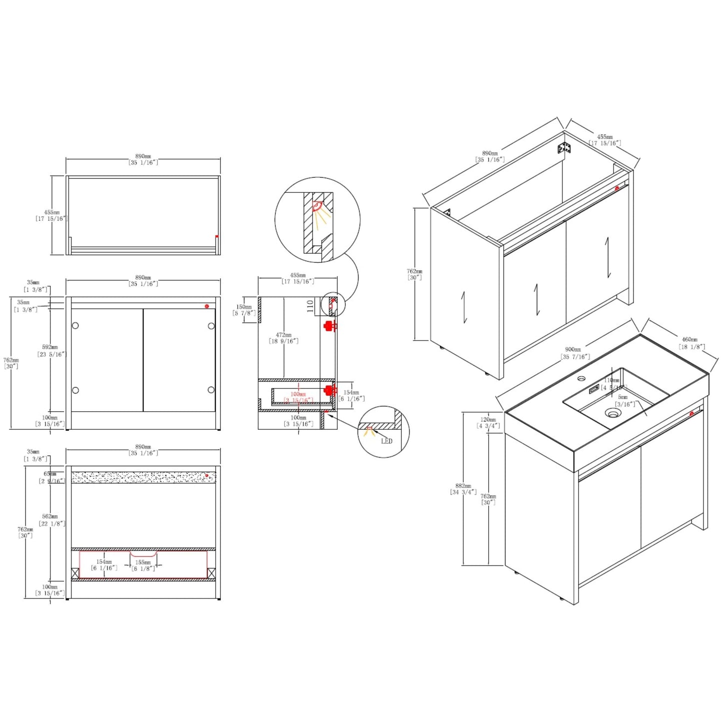 Blossom V8038 36 01 Blossom Capri 36″ Vanity (Dual LED Illuminated) - Glossy White V8038 36 01