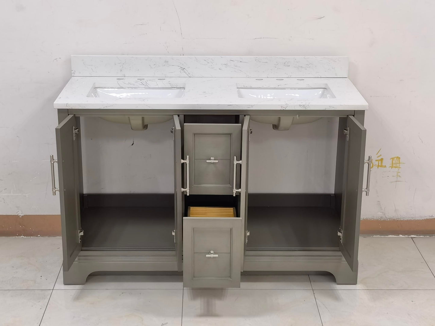 54 Inch Double Sink Bathroom Vanity in Gray with Marble Countertop & Backsplash - Vanity Art VA5054-SG