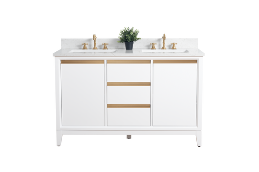 54 Inch Double Sink Bathroom Vanity in White with Marble Countertop - Vanity Art VA8054-DW