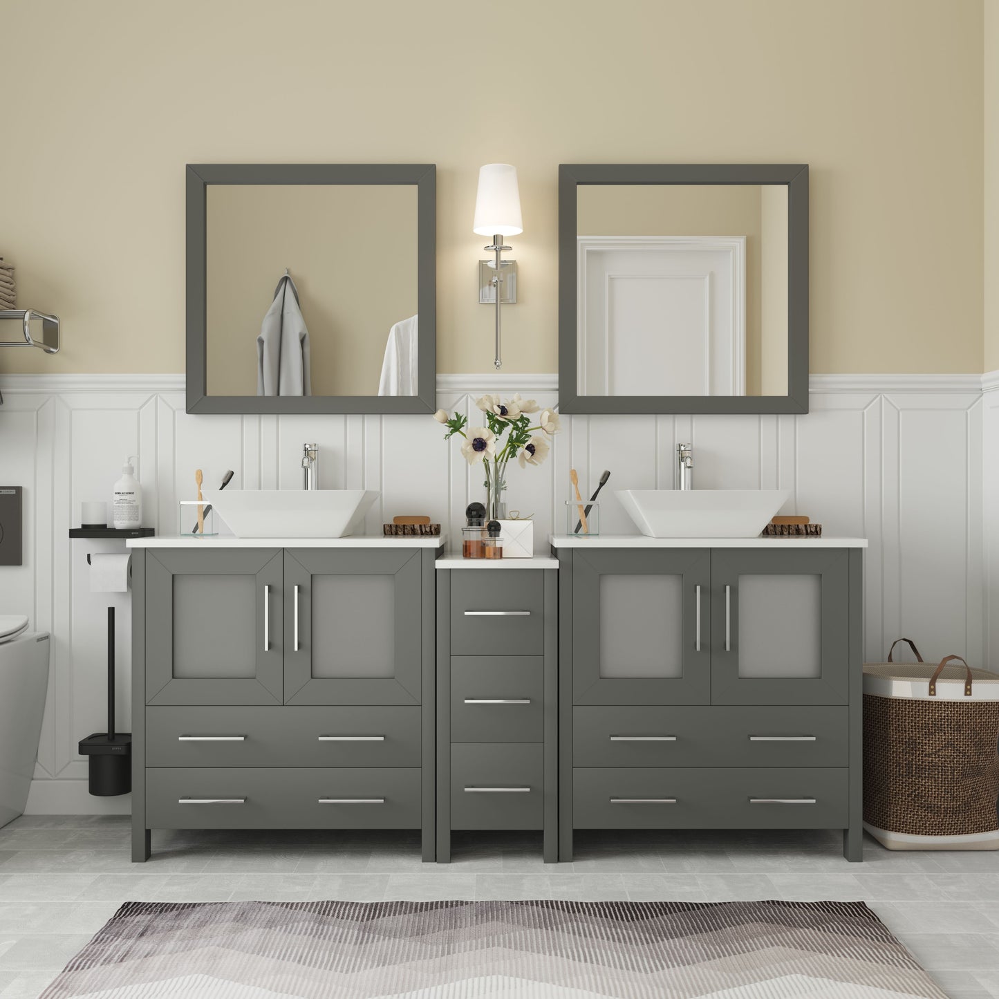 72 Inch Double Sink Bathroom Vanity in Gray with Marble Countertop - Vanity Art VA3130-72G