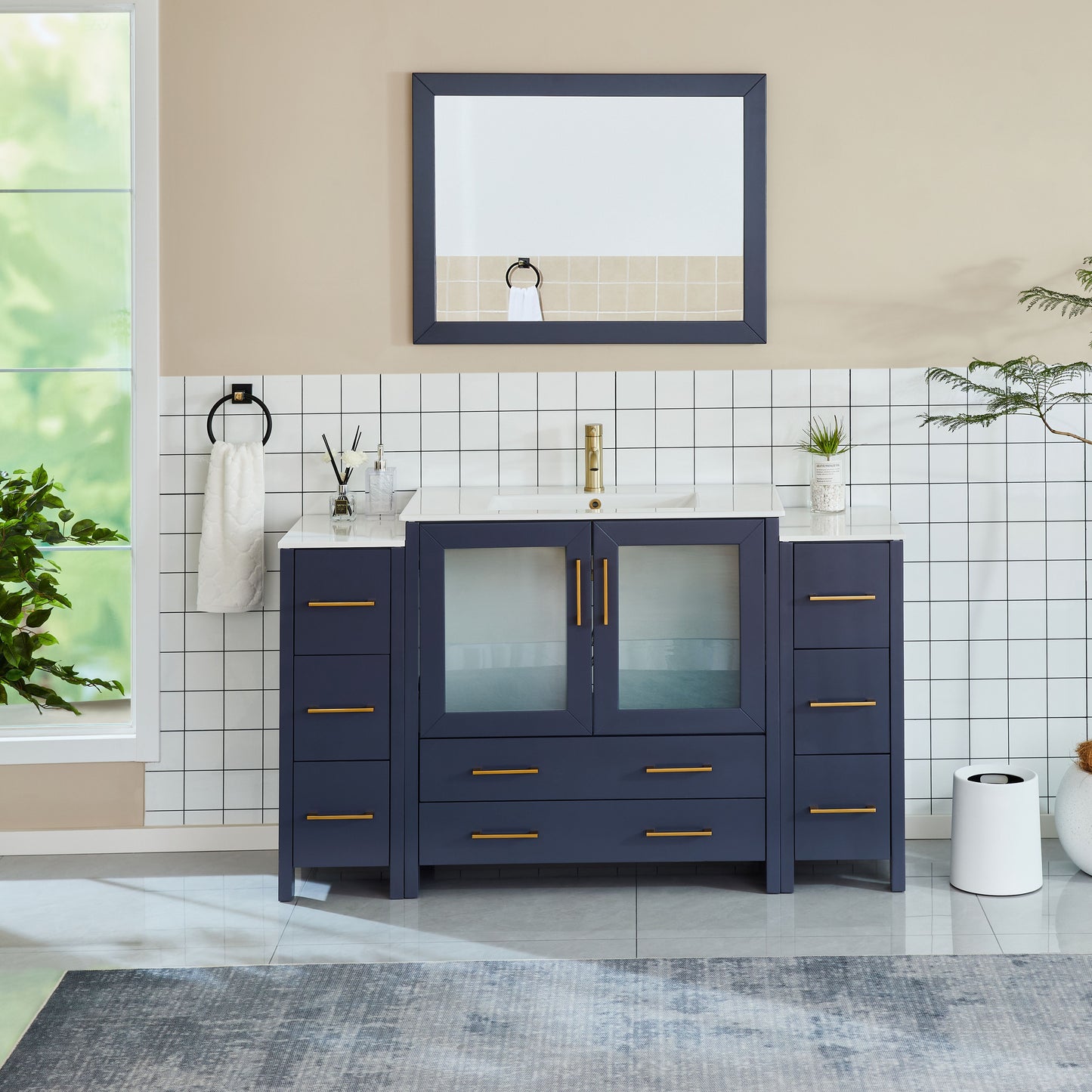 60 Inch Single Sink Bathroom Vanity in Blue with Ceramic Countertop - Vanity Art VA3036-60B