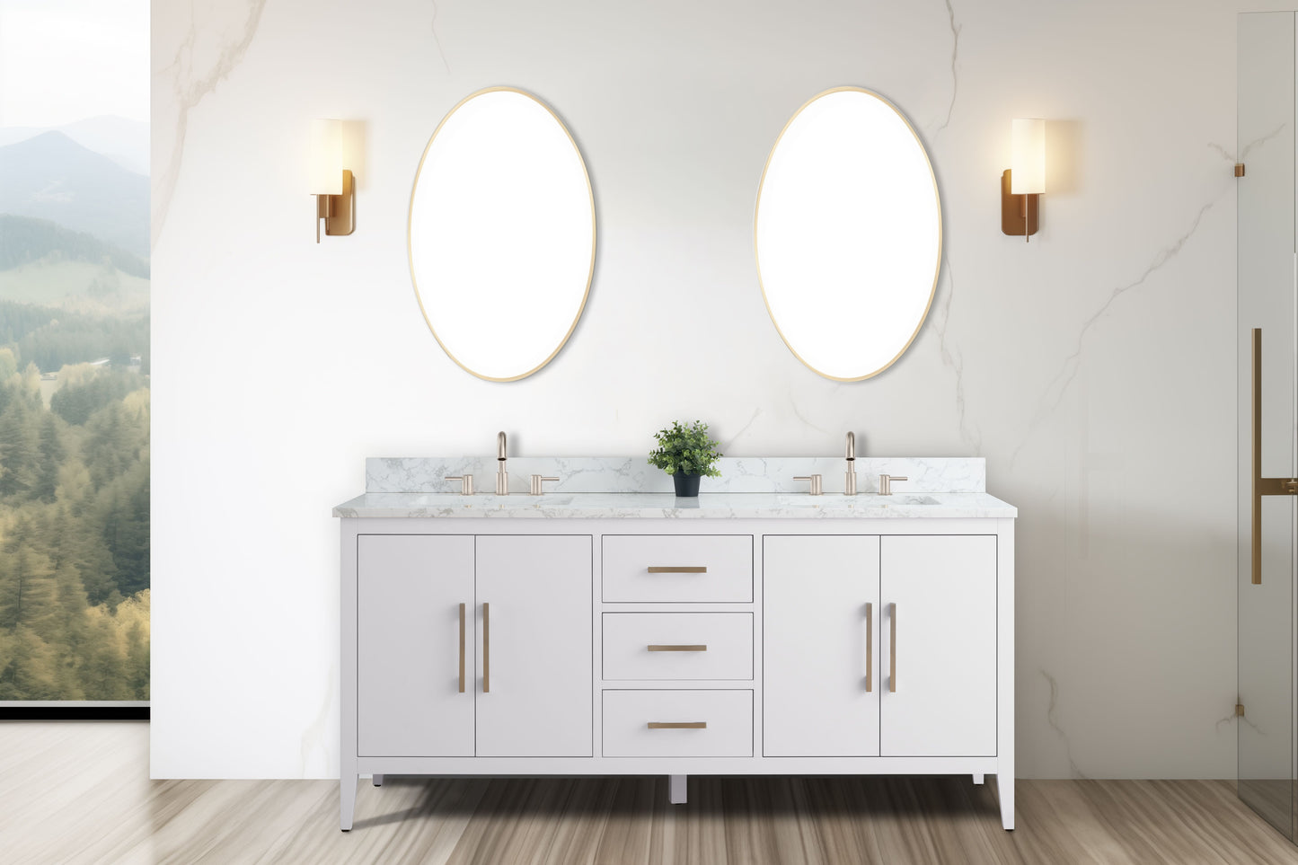 72 Inch Double Sink Bathroom Vanity in White with Marble Countertop - Vanity Art VA9072-DW