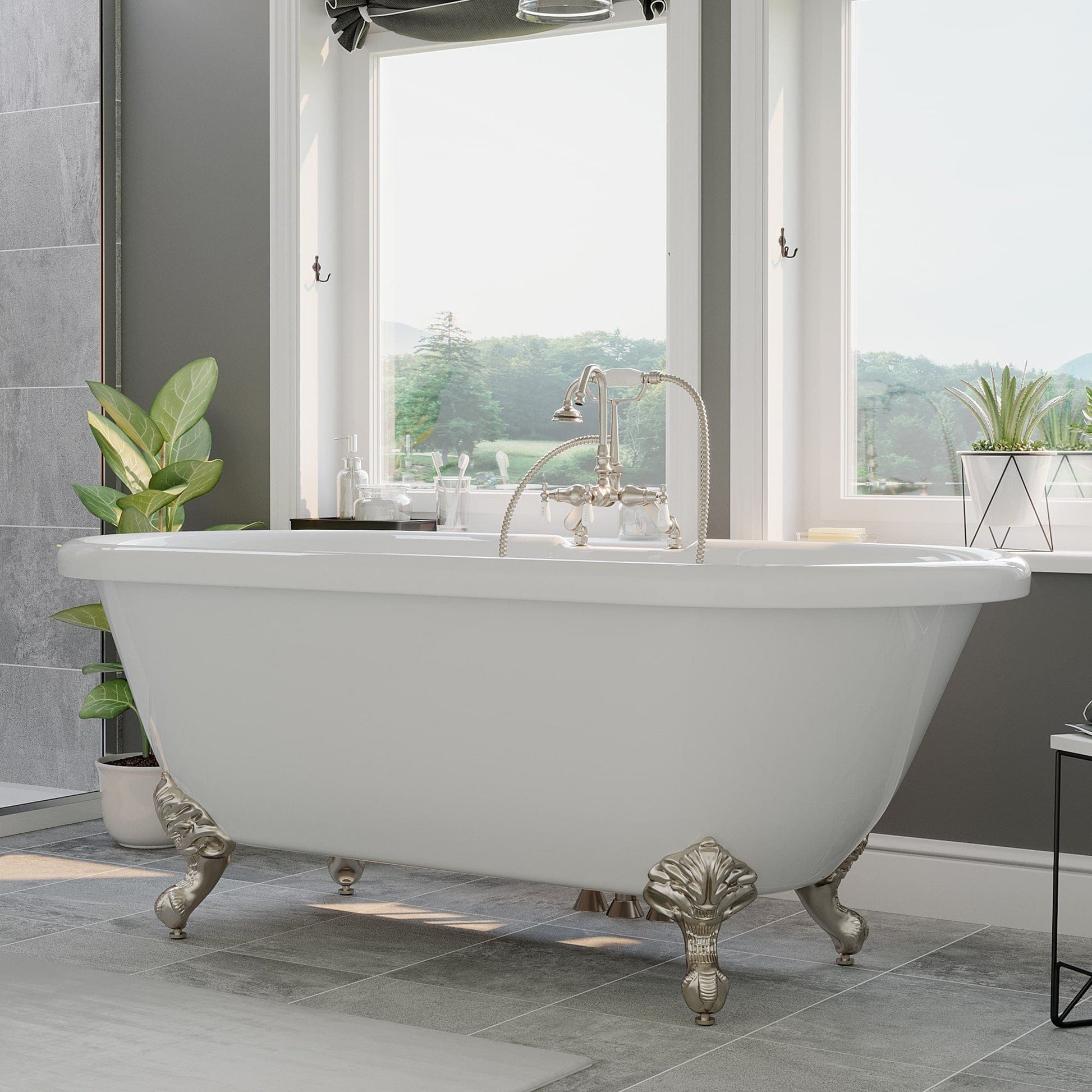 Cambridge Plumbing ADE-684D-PKG-BN-7DH Acrylic Double Ended Clawfoot Soaking Tub and Complete Brushed Nickel Plumbing Package (ADE-684D-PKG-BN-7DH)