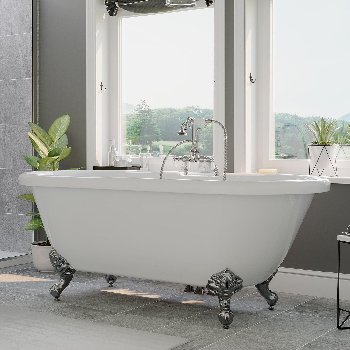 Cambridge Plumbing ADE-684D-PKG-CP-7DH Acrylic Double Ended Clawfoot Soaking Tub Complete Polished Chrome Plumbing Package (ADE-684D-PKG-CP-7DH)