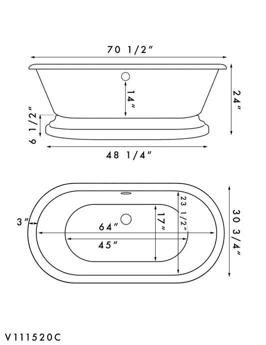 Cambridge Plumbing ADE-PED-NH Acrylic Double Ended Pedestal Bathtub 70" x 30" with Continuous Rim (ADE-PED-NH)