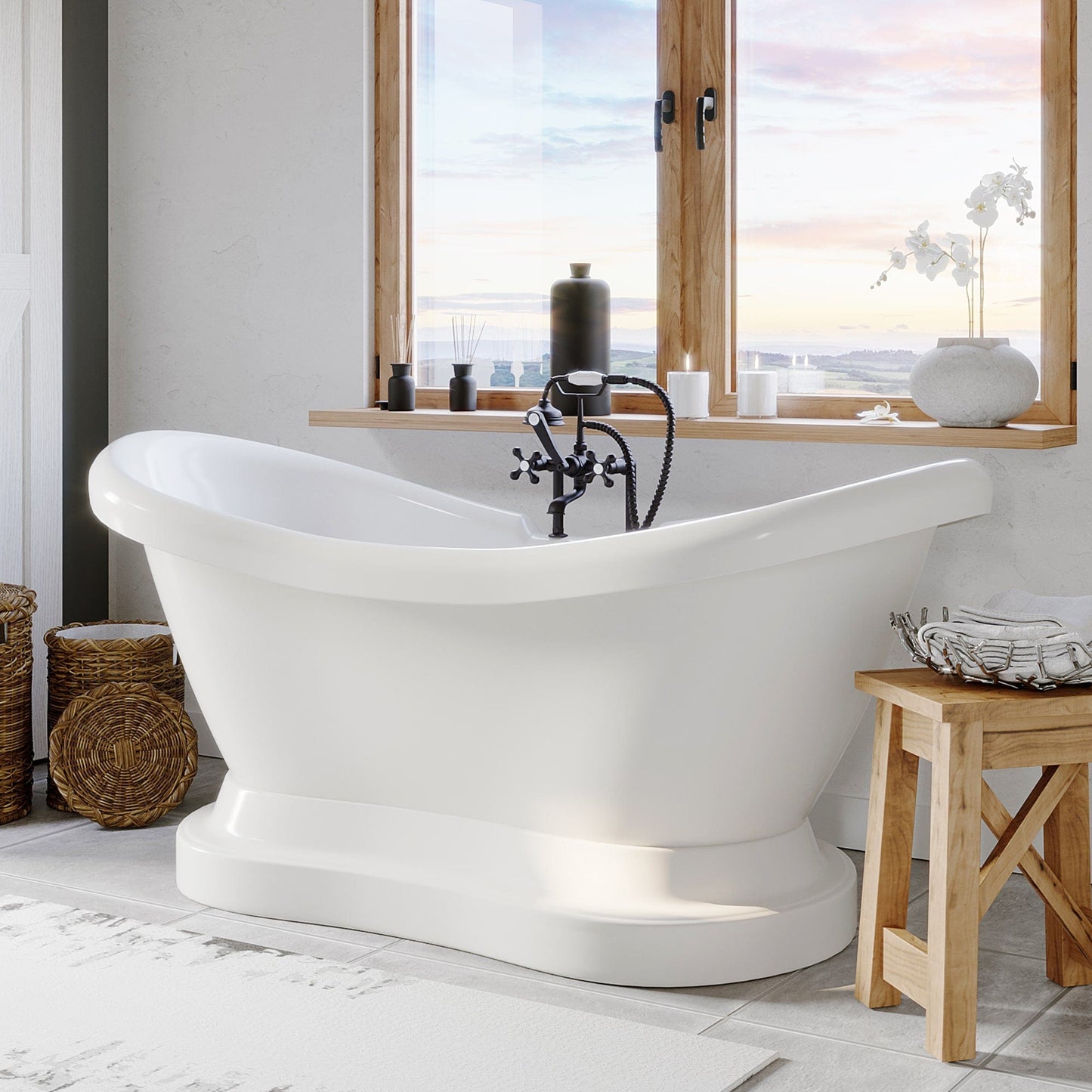 Cambridge Plumbing ADES-PED-DH Acrylic Double Slipper Pedestal Soaking Tub with Faucet Drillings (ADES-PED-DH)