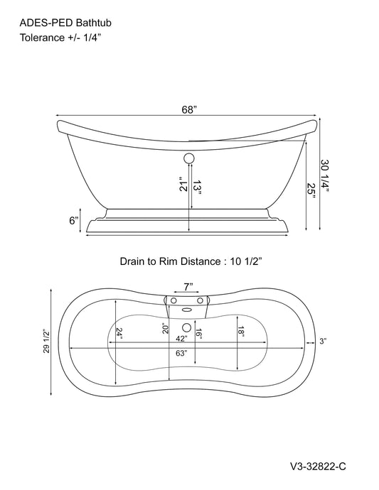 Cambridge Plumbing ADES-PED-DH Acrylic Double Slipper Pedestal Soaking Tub with Faucet Drillings (ADES-PED-DH)