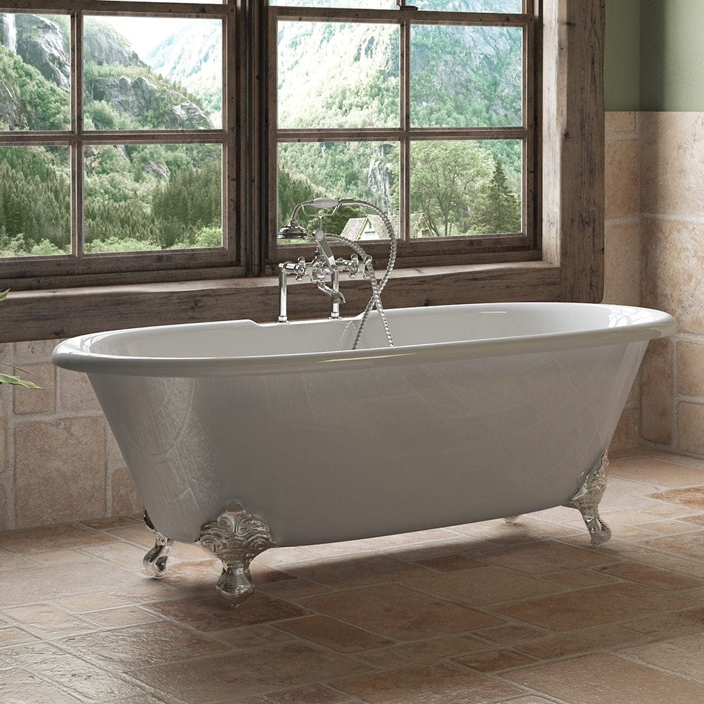 Cambridge Plumbing DE-67-DH-CP Cast Iron Double Ended Clawfoot Tub 67" x 30" with 7" Deck Mount Faucet Drillings and Polished Chrome Feet (DE-67-DH-CP)