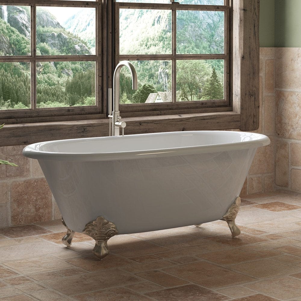 Cambridge Plumbing DE60-150-PKG-BN-NH Cast Iron Double Ended Clawfoot Tub 60" x 30" with Complete Brushed Nickel Modern Freestanding Tub Filler + Hand Held Shower Assembly Plumbing Package (No Faucet Drillings) (DE60-150-PKG-BN-NH)