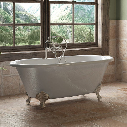 Cambridge Plumbing DE60-DH-BN Cast Iron Double Ended Clawfoot Tub 60" x 30" with 7" Deck Mount Faucet Drillings and Brushed Nickel Feet (DE60-DH-BN)