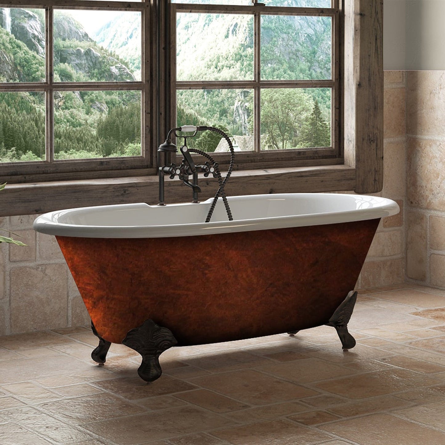 Cambridge Plumbing DE60-DH-ORB-CB Cast Iron Clawfoot Bathtub 70” x 30" Faux Copper Bronze Finish on Exterior with 7" Deck Mount Faucet Drillings and Oil Rubbed Bronze Feet (DE60-DH-ORB-CB)