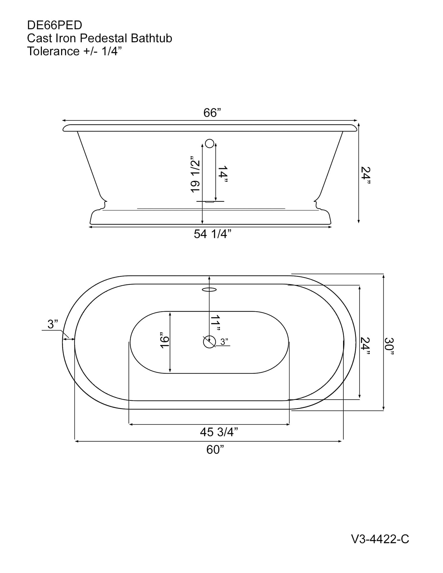 Cambridge Plumbing DE66-PED-150-PKG-BN-NH 66" Cast Iron Dual Ended Pedestal Bathtub with Complete Plumbing Package in Brushed Nickel (No Faucet Drillings) (DE66-PED-150-PKG-BN-NH)