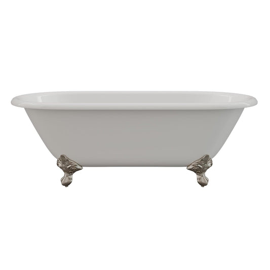 Cambridge Plumbing DE67-150-PKG-BN-NH Cast Iron Double Ended Clawfoot Tub 67" x 30" with Complete Brushed Nickel Modern Freestanding Tub Filler + Hand Held Shower Assembly Plumbing Package (No Faucet Drillings) (DE67-150-PKG-BN-NH)