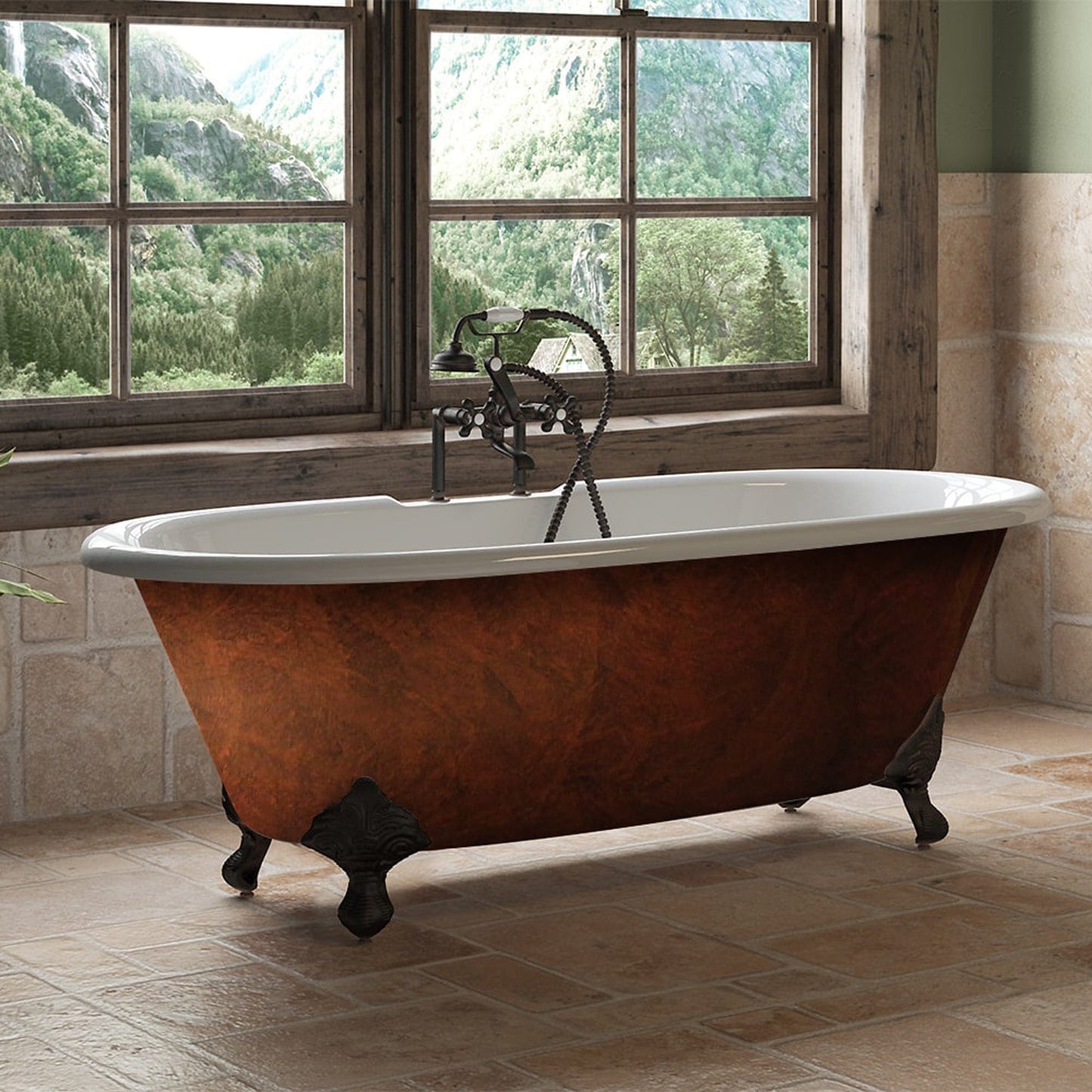 Cambridge Plumbing DE67-DH-ORB-CB Cast Iron Clawfoot Bathtub 67” x 30" Faux Copper Bronze Finish on Exterior with 7" Deck Mount Faucet Drillings and Oil Rubbed Bronze Feet (DE67-DH-ORB-CB)