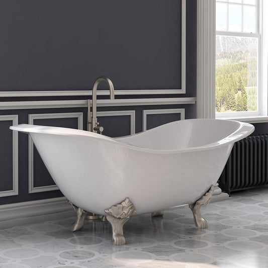 Cambridge Plumbing DES-150-PKG-BN-NH Cast Iron Double Ended Slipper Tub 71" x 30"with Complete Brushed Nickel Modern Freestanding Tub Filler + Hand Held Shower Assembly Plumbing Package (No Faucet Drillings) (DES-150-PKG-BN-NH)