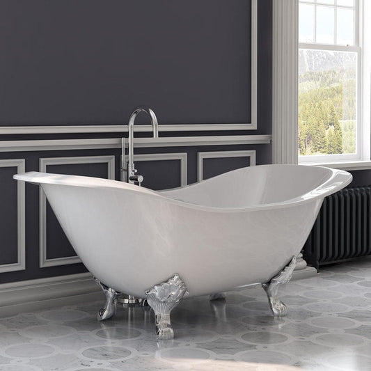 Cambridge Plumbing DES-150-PKG-CP-NH Cast Iron Double Ended Slipper Tub 71" x 30" with Complete Polished Chrome Modern Freestanding Tub Filler + Hand Held Shower Assembly Plumbing Package (No Faucet Drillings) (DES-150-PKG-CP-NH)