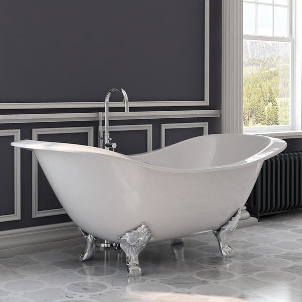 Cambridge Plumbing DES-150-PKG-CP-NH Cast Iron Double Ended Slipper Tub 71 x 30 with Complete Polished Chrome Modern Freestanding Tub Filler + Hand Held Shower Assembly Plumbing Package (No Faucet Drillings) (DES-150-PKG-CP-NH)