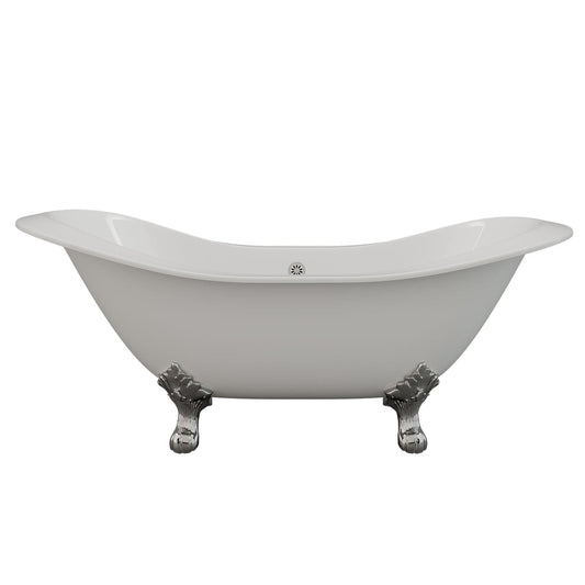 Cambridge Plumbing DES-150-PKG-CP-NH Cast Iron Double Ended Slipper Tub 71" x 30" with Complete Polished Chrome Modern Freestanding Tub Filler + Hand Held Shower Assembly Plumbing Package (No Faucet Drillings) (DES-150-PKG-CP-NH)