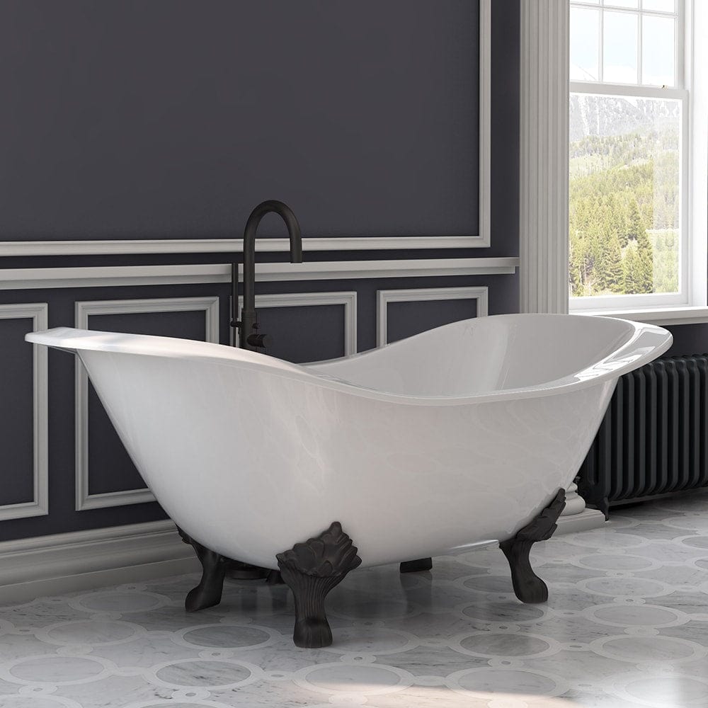 Cambridge Plumbing DES-150-PKG-ORB-NH Cast Iron Double Ended Slipper Tub 71" x 30" with Complete Oil Rubbed Bronze Modern Freestanding Tub Filler + Hand Held Shower Assembly Plumbing Package (No Faucet Drillings) (DES-150-PKG-ORB-NH)