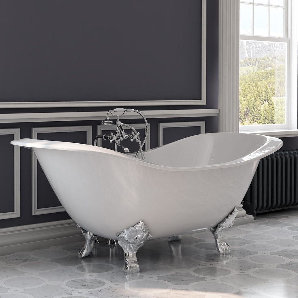 Cambridge Plumbing DES-398463-PKG-CP-NH Cast Iron Double Ended Slipper Tub 71" x 30" with Complete Freestanding British Telephone Faucet + Hand Held Shower Polished Chrome Plumbing Package (No Faucet Drillings) (DES-398463-PKG-CP-NH)