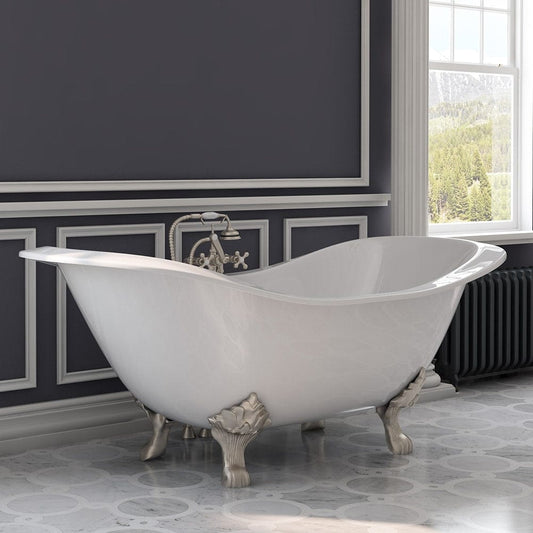 Cambridge Plumbing DES-463D-2-PKG-BN-7DH Cast Iron Double Ended Slipper Tub 71" x 30" with 7" Deck Mount Faucet Drillings, and Complete Brushed Nickel Plumbing Package (DES-463D-2-PKG-BN-7DH)