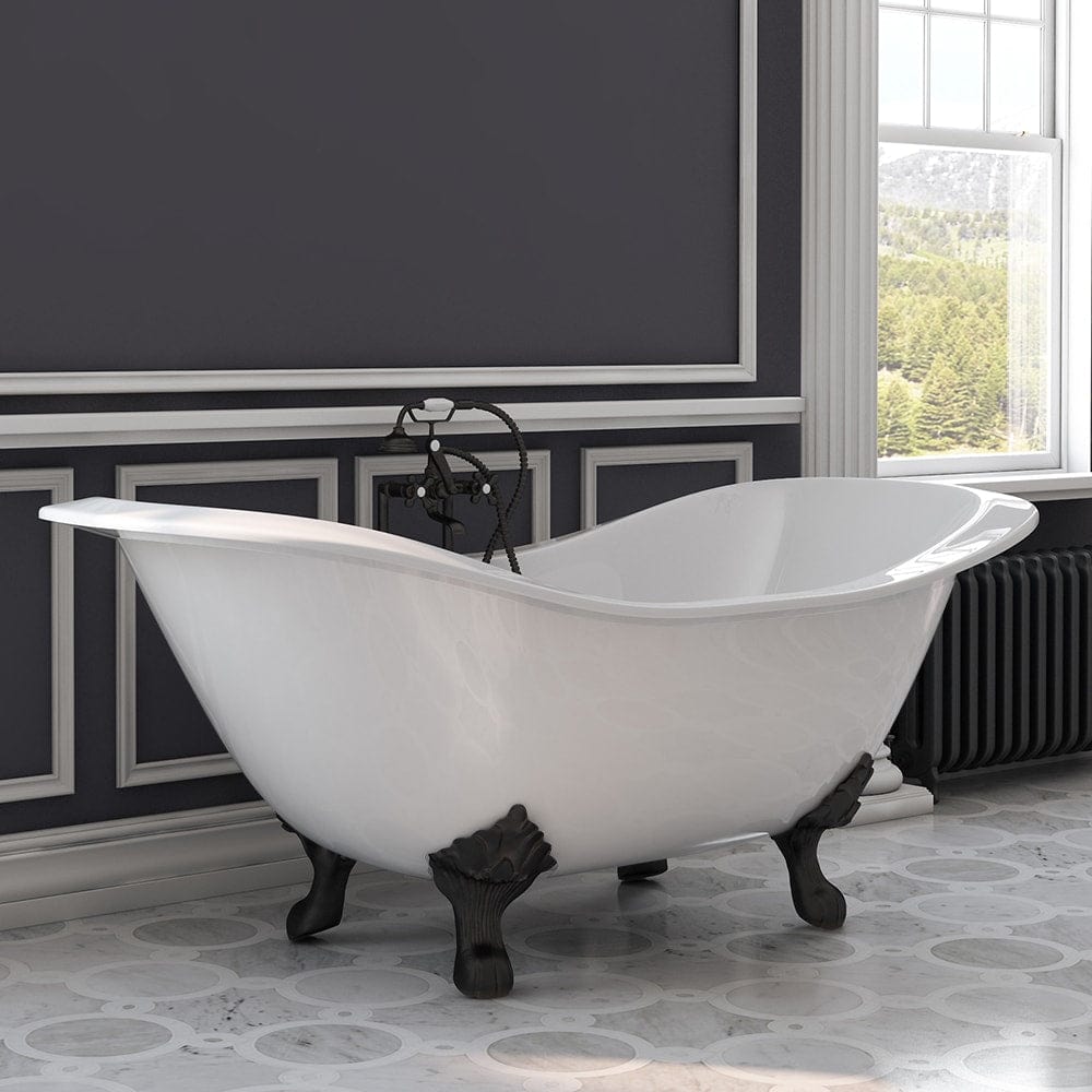 Cambridge Plumbing DES-463D-6-PKG-ORB-7DH Cast Iron Double Ended Slipper Tub 71" x 30" with 7" Deck Mount Faucet Drillings, and British Telephone Style Faucet Complete Oil Rubbed Bronze Plumbing Package + 6" Deck Mount Risers (DES-463D-6-PKG-ORB-7DH)