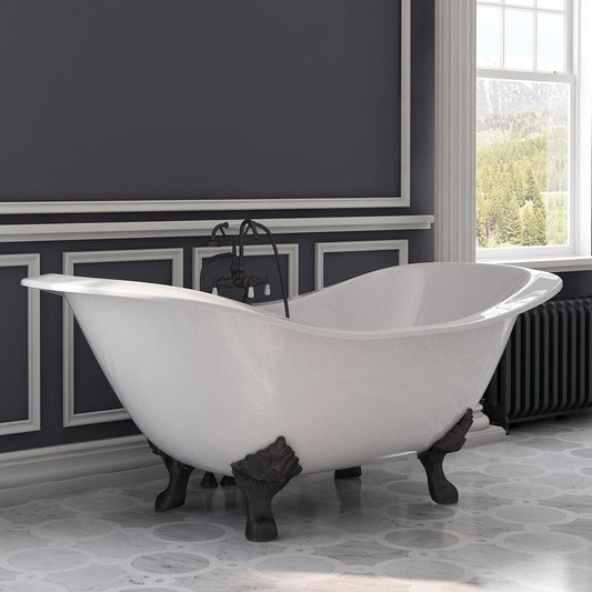 Cambridge Plumbing DES-684D-PKG-ORB-7DH Cast Iron Double Ended Slipper Tub 71" x 30" with 7" Deck Mount Faucet Drillings, and English Telephone Style Faucet Complete Oil Rubbed Bronze Plumbing Package (DES-684D-PKG-ORB-7DH)